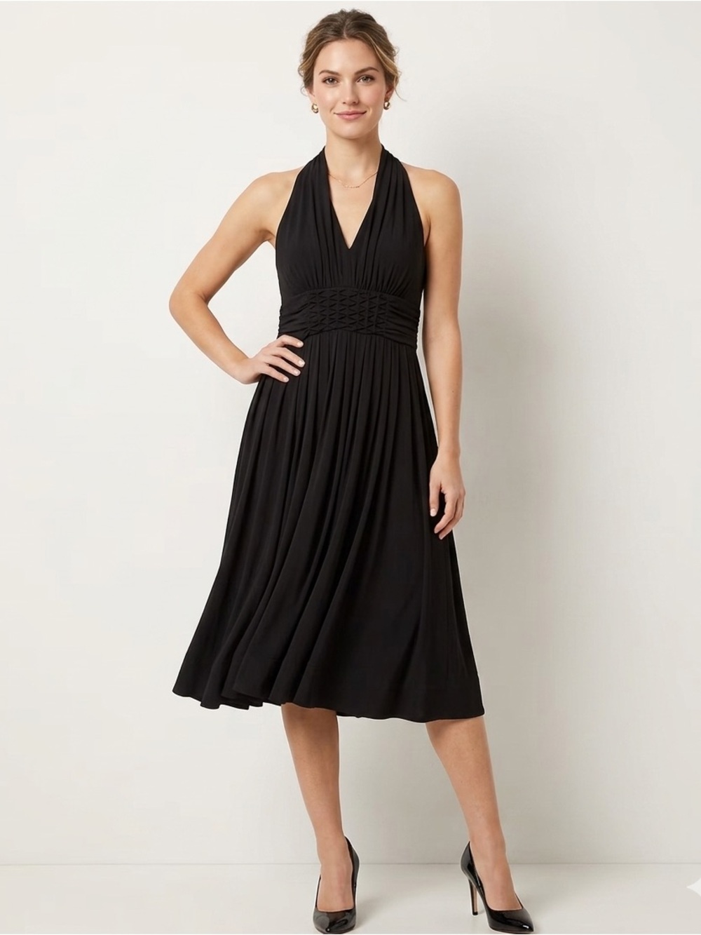 Calvin Klein Sleeveless Halter Dress Built In Bra Fit & Flare Black Women’s SZ L